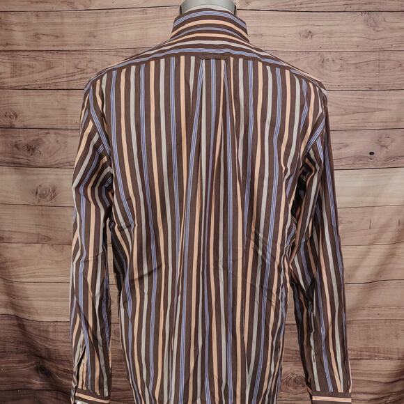 FACONNABLE CLUB STRIPED 100% COTTON BUTTON DOWN SHIRT MENS SIZE L LARGE BROWN - Picture 4 of 6